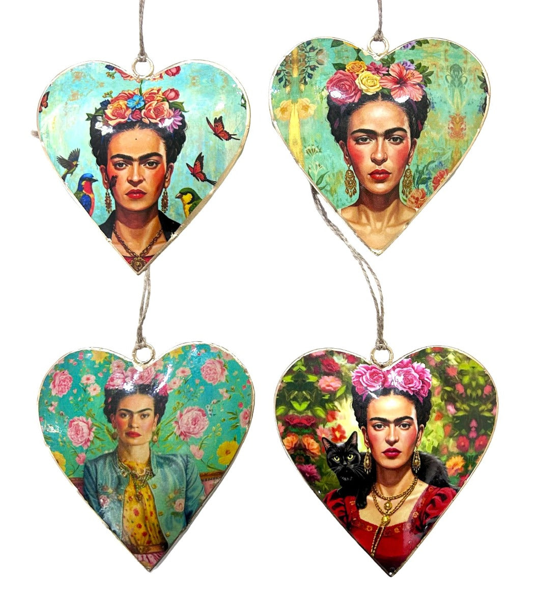 The designs in this set of Frida Kahlo garden hanging hearts on twine loops: with butterflies and birds, in a rose crown, before pink peonies and with a black cat