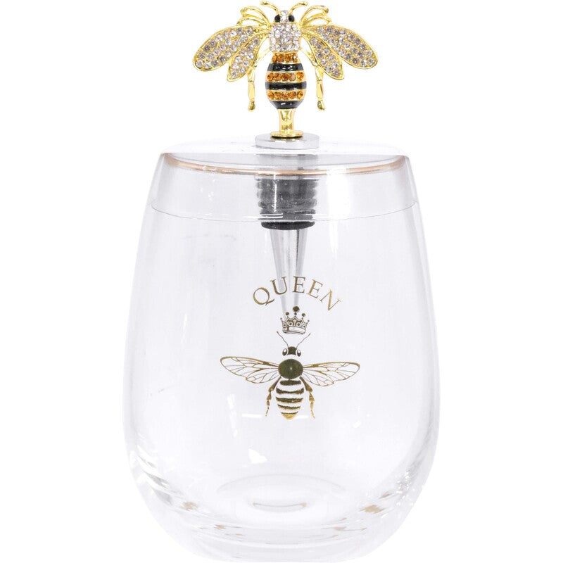 Second angle of the Queen bee stemless glass with its jewelled gold bee stopper