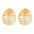 Gold-tone clip-on stud earrings with an open woven lattice oval