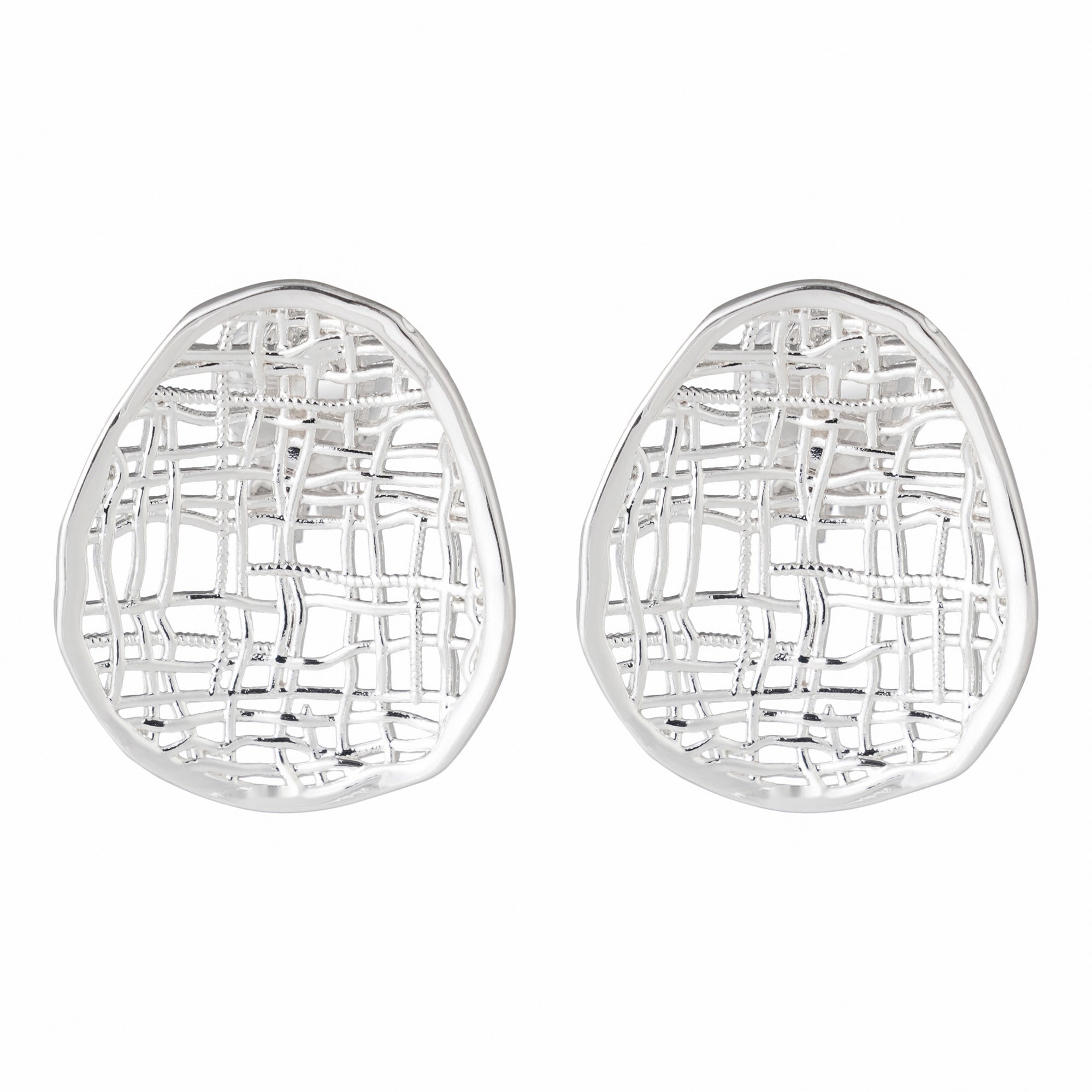 Silver-tone clip-on stud earrings with an open woven lattice oval