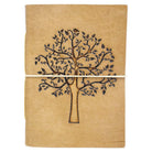 Tan leather journal with embossed Tree of Life design and a wrap-around tie