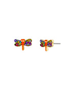 Pair of dragonfly stud earrings with orange striped bodies and multicoloured mosaic wings on black