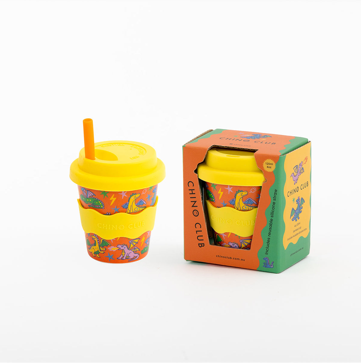 Dragons cup with the lid on beside its orange and green Chino Club gift box