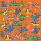 Close-up of the print: blue, green, purple and yellow dragons with stars and lightning bolts on orange