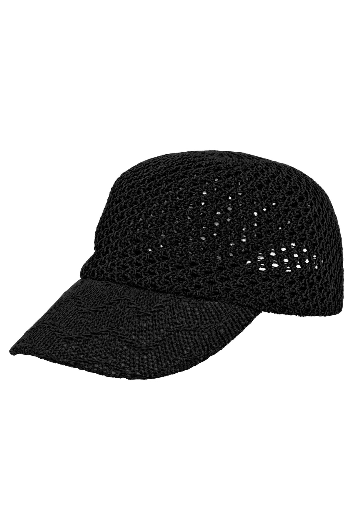 Dusk crochet cap in Black, an open-knit baseball cap with a wavy-stitch peak