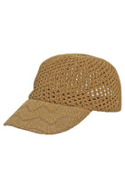 Dusk crochet cap in Tan, a golden-brown open-knit baseball cap with a lighter wavy-stitch peak