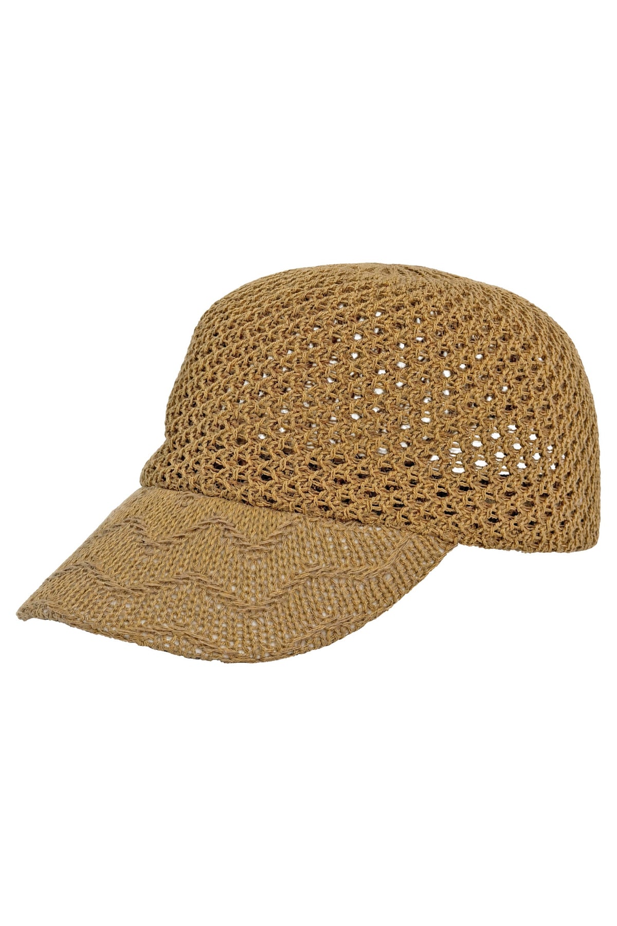 Dusk crochet cap in Tan, a golden-brown open-knit baseball cap with a lighter wavy-stitch peak