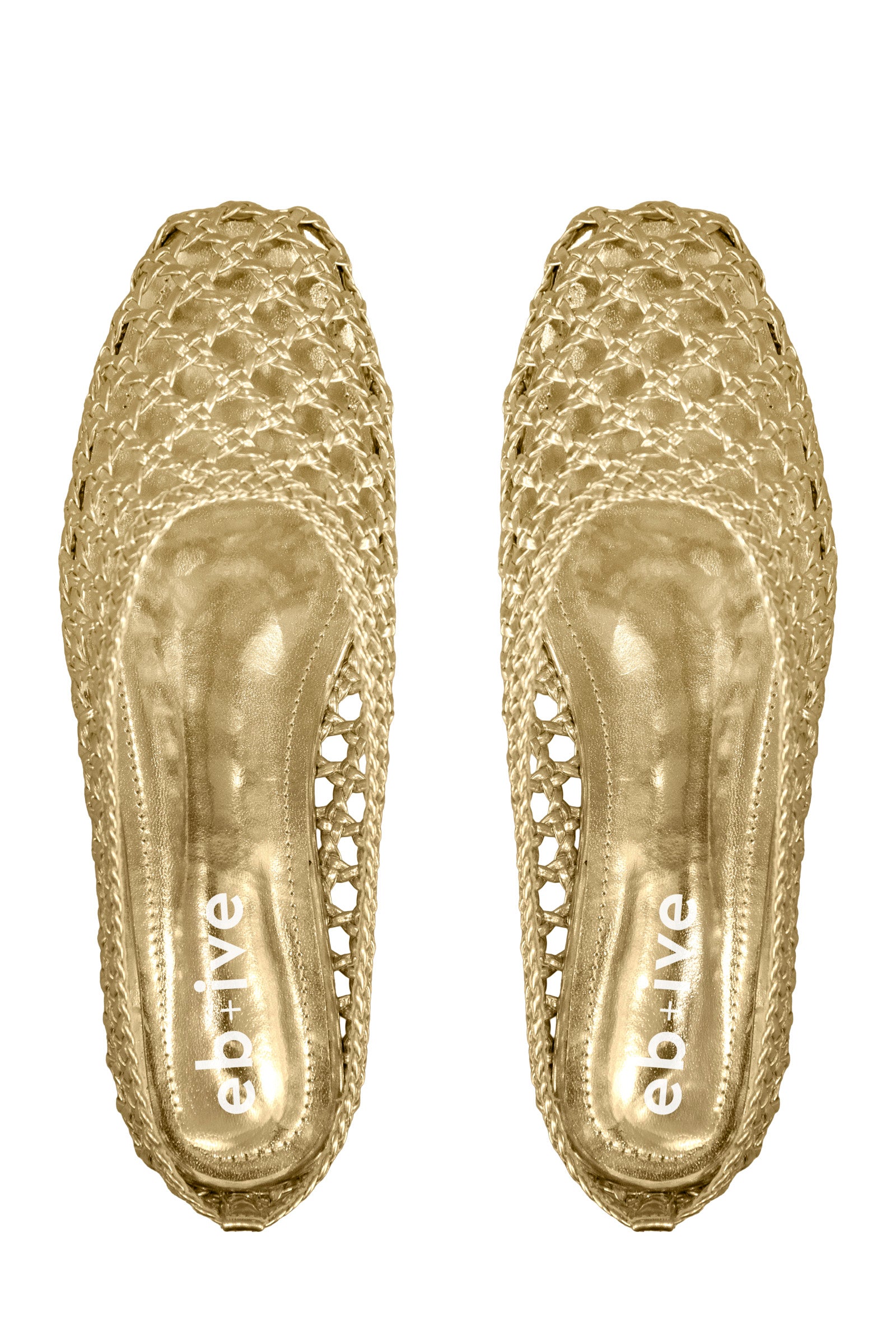 Pair of gold Dusk Slides from above, showing the open-weave uppers and gold footbeds