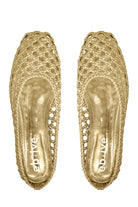 Pair of gold Dusk Slides from above, showing the open-weave uppers and gold footbeds