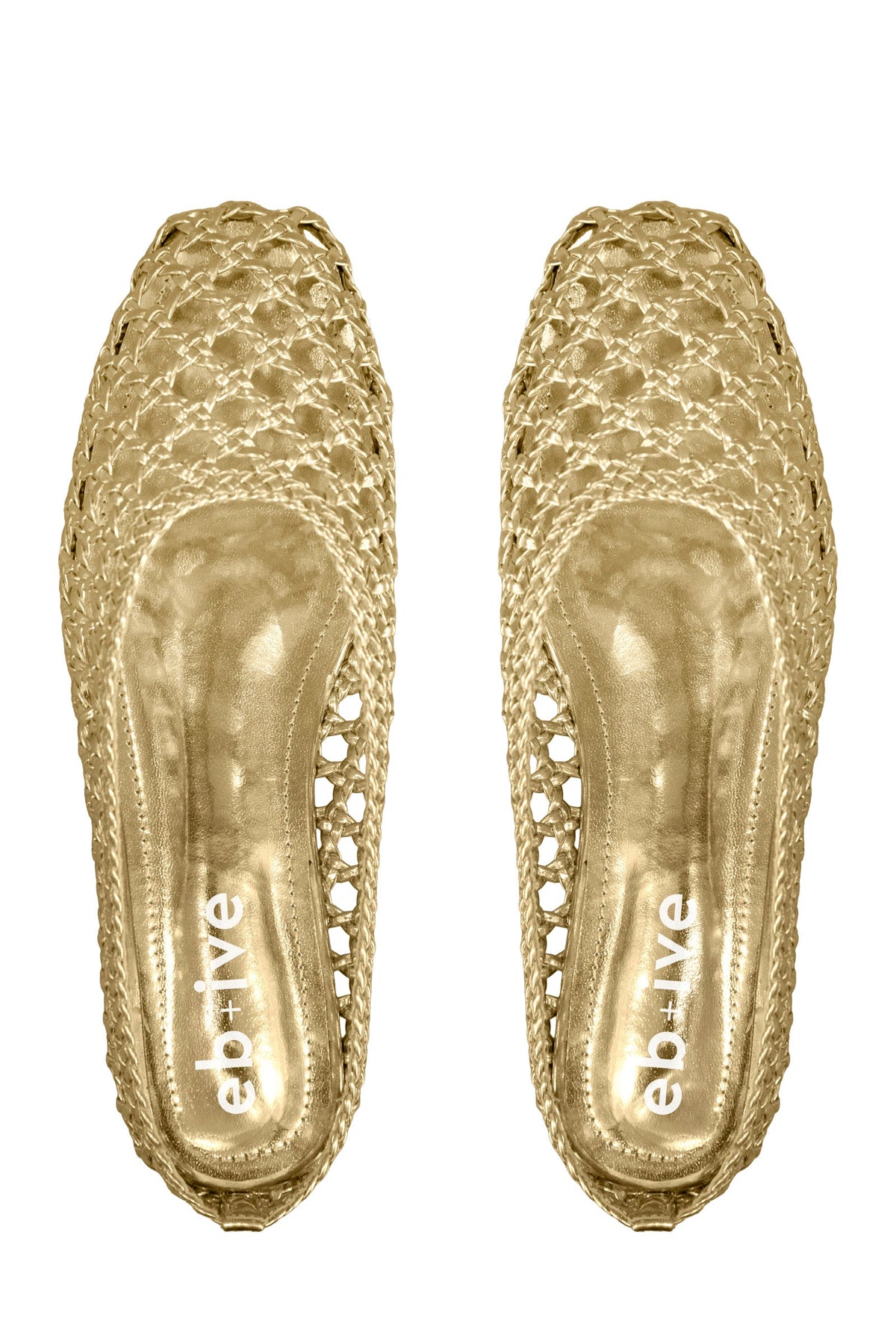 Pair of gold Dusk Slides from above, showing the open-weave uppers and gold footbeds