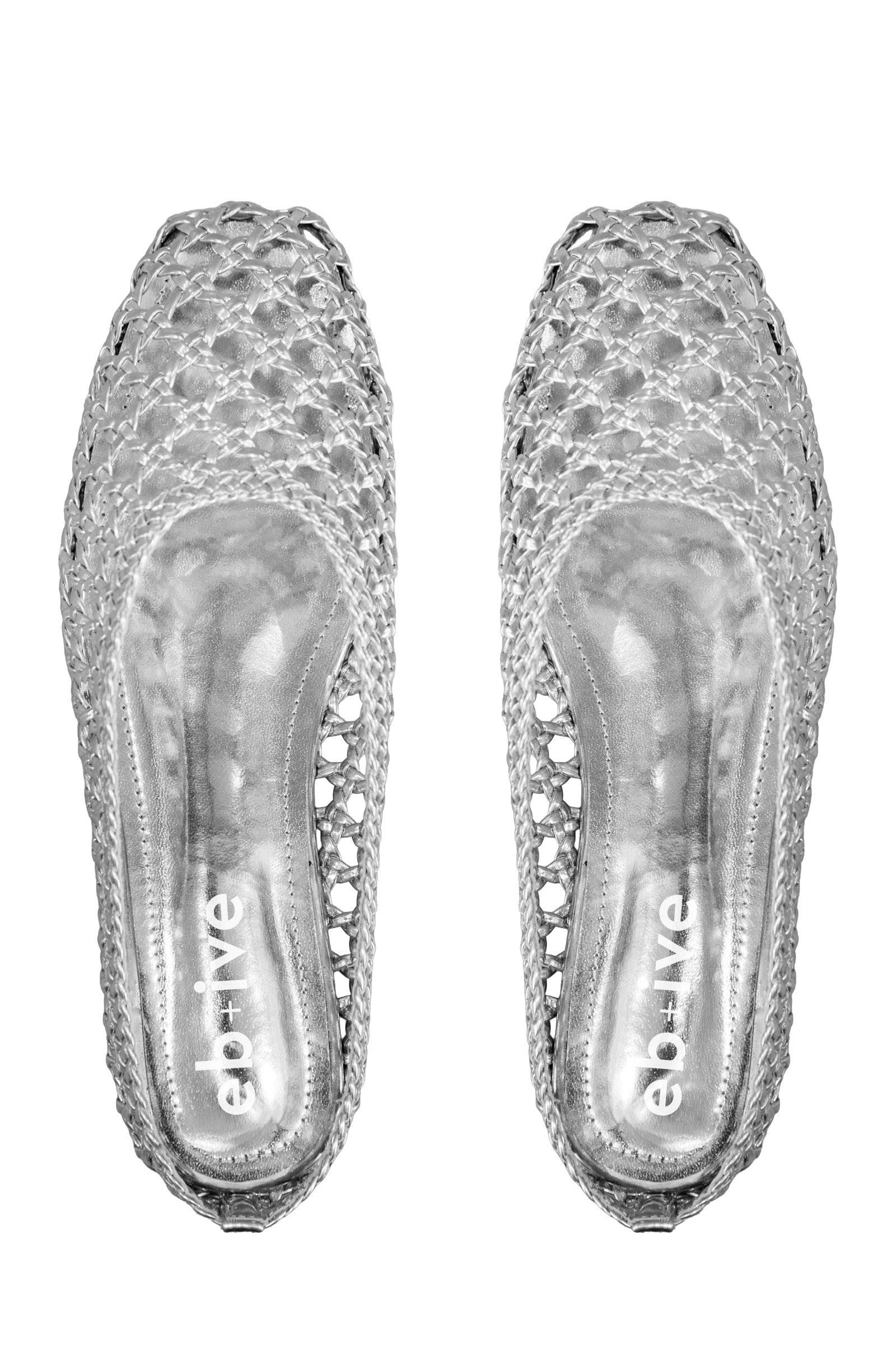 Pair of silver Dusk Slides from above, showing the open-weave uppers and silver footbeds