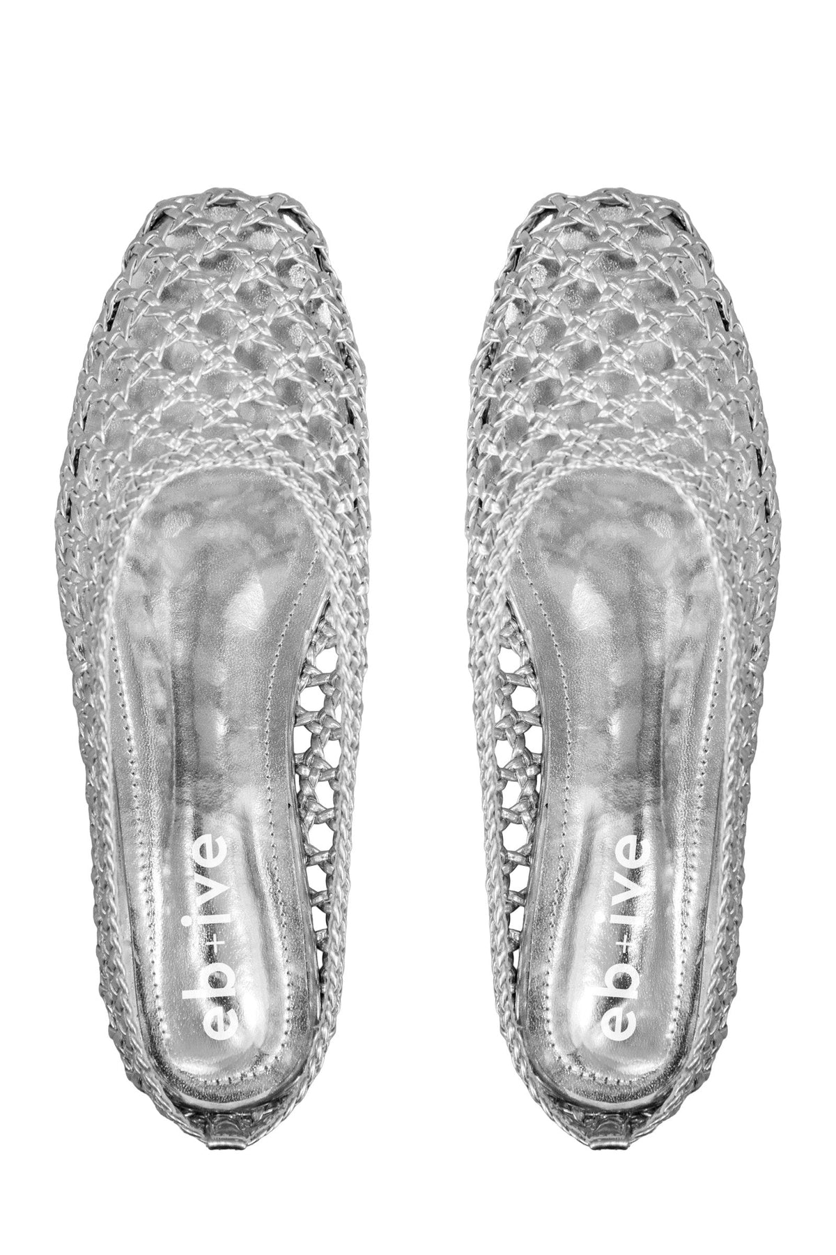 Pair of silver Dusk Slides from above, showing the open-weave uppers and silver footbeds