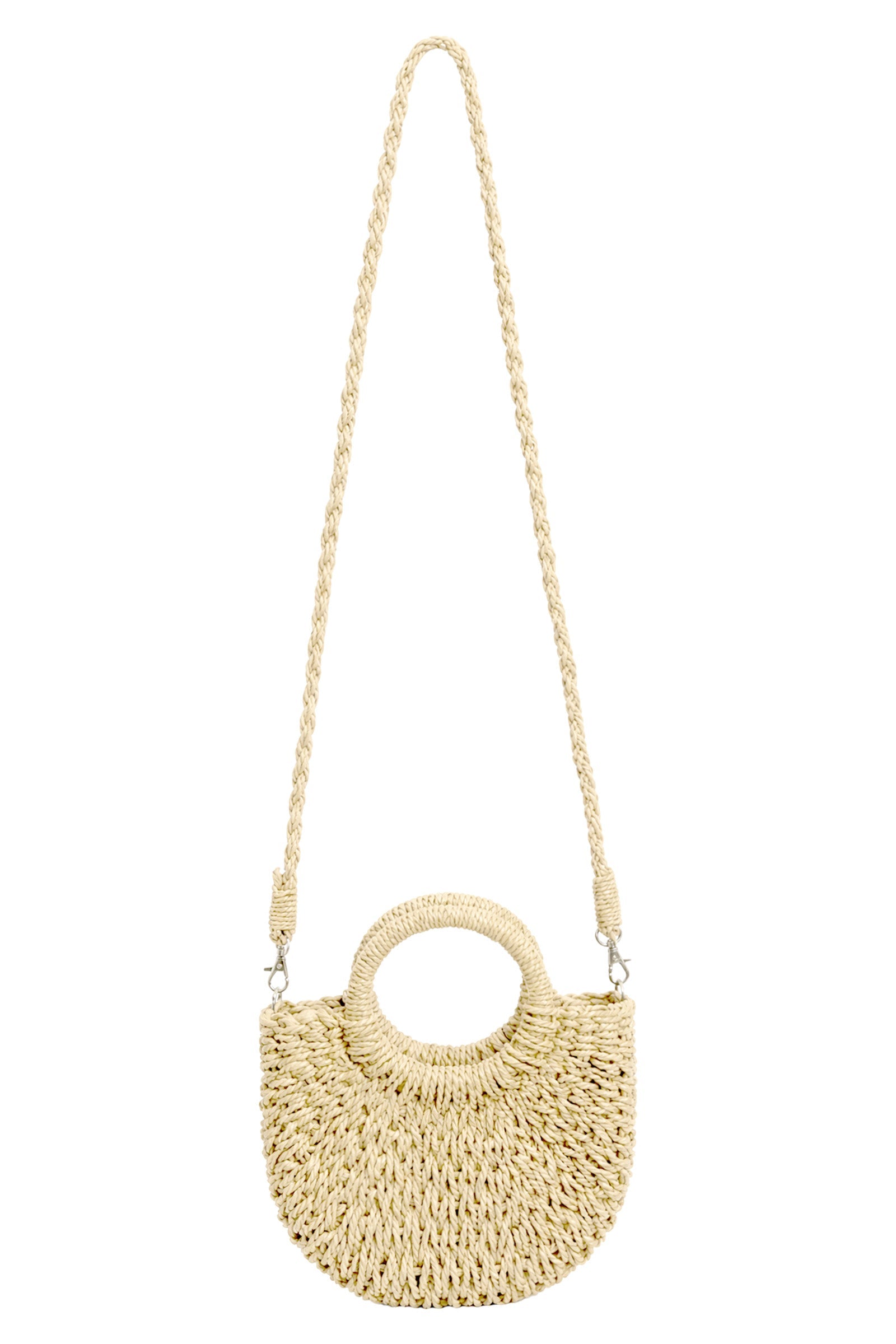 Dusk mini tote in Tusk: a small pale cream woven half-moon bag with ring top handles and a long crossbody strap