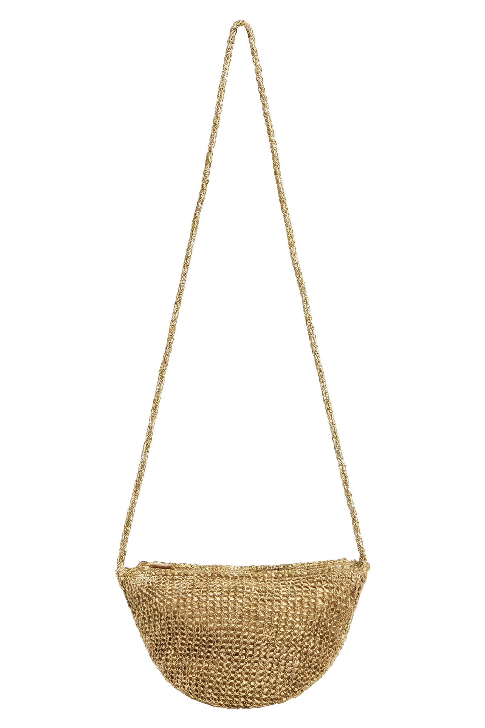 Gold metallic mesh Eden half-moon crossbody bag hanging from its long strap