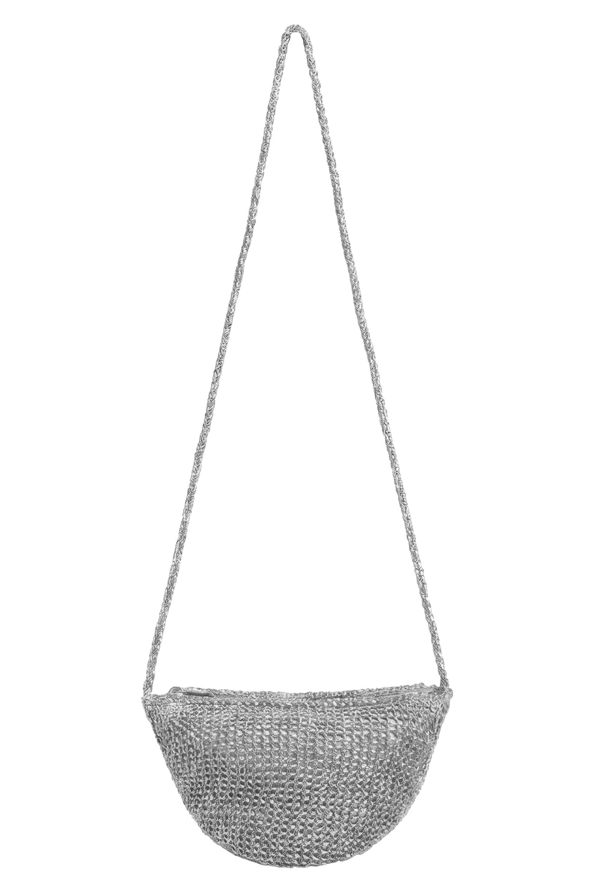 Silver metallic mesh Eden half-moon crossbody bag with a top zip, hanging from its braided strap