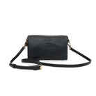 Black cross body bag with gold-tone clips and a slim strap laid around it.