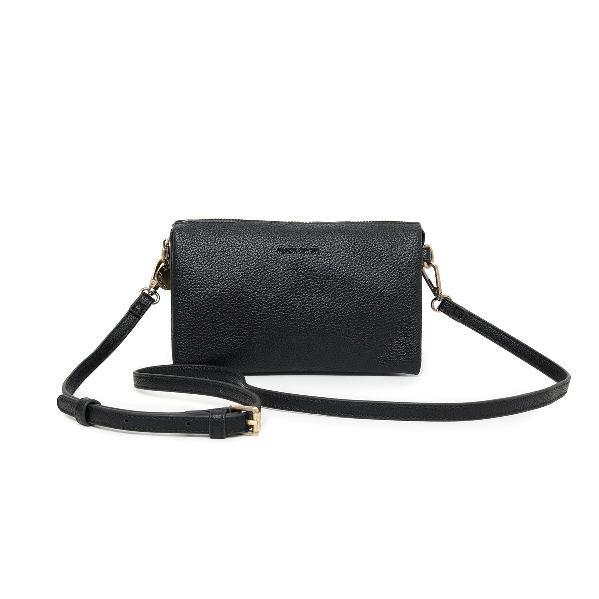 Black cross body bag with gold-tone clips and a slim strap laid around it.