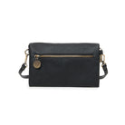 The other side of the black bag, with a zipped pocket and a round logo charm on its pull.