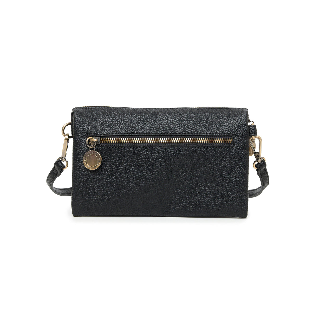 The other side of the black bag, with a zipped pocket and a round logo charm on its pull.