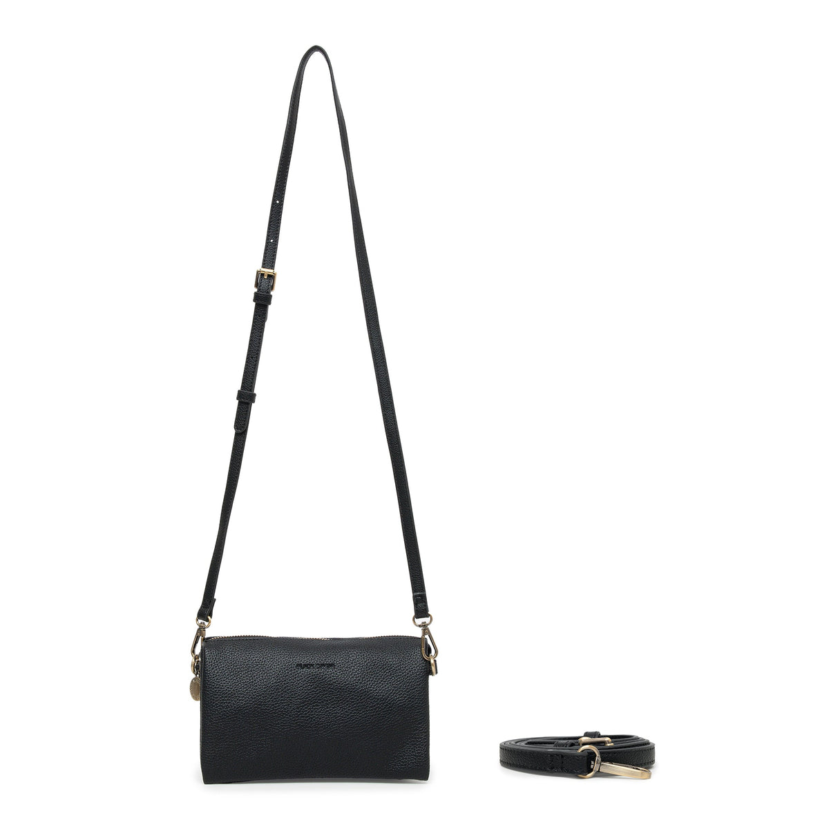 The black bag on its slim adjustable PU strap.