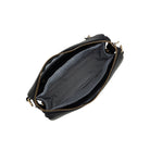 Inside the black bag: the zip top open over a black and white striped lining.
