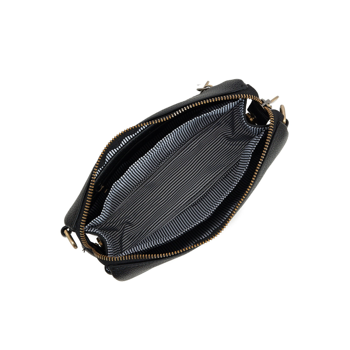 Inside the black bag: the zip top open over a black and white striped lining.