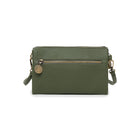 The other side of the olive bag, with a zipped pocket and a round logo charm on its pull.