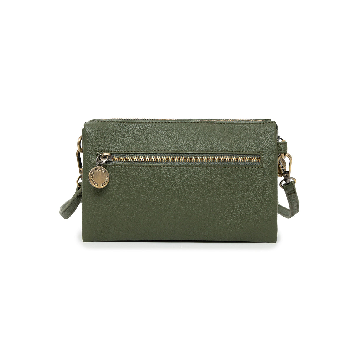 The other side of the olive bag, with a zipped pocket and a round logo charm on its pull.