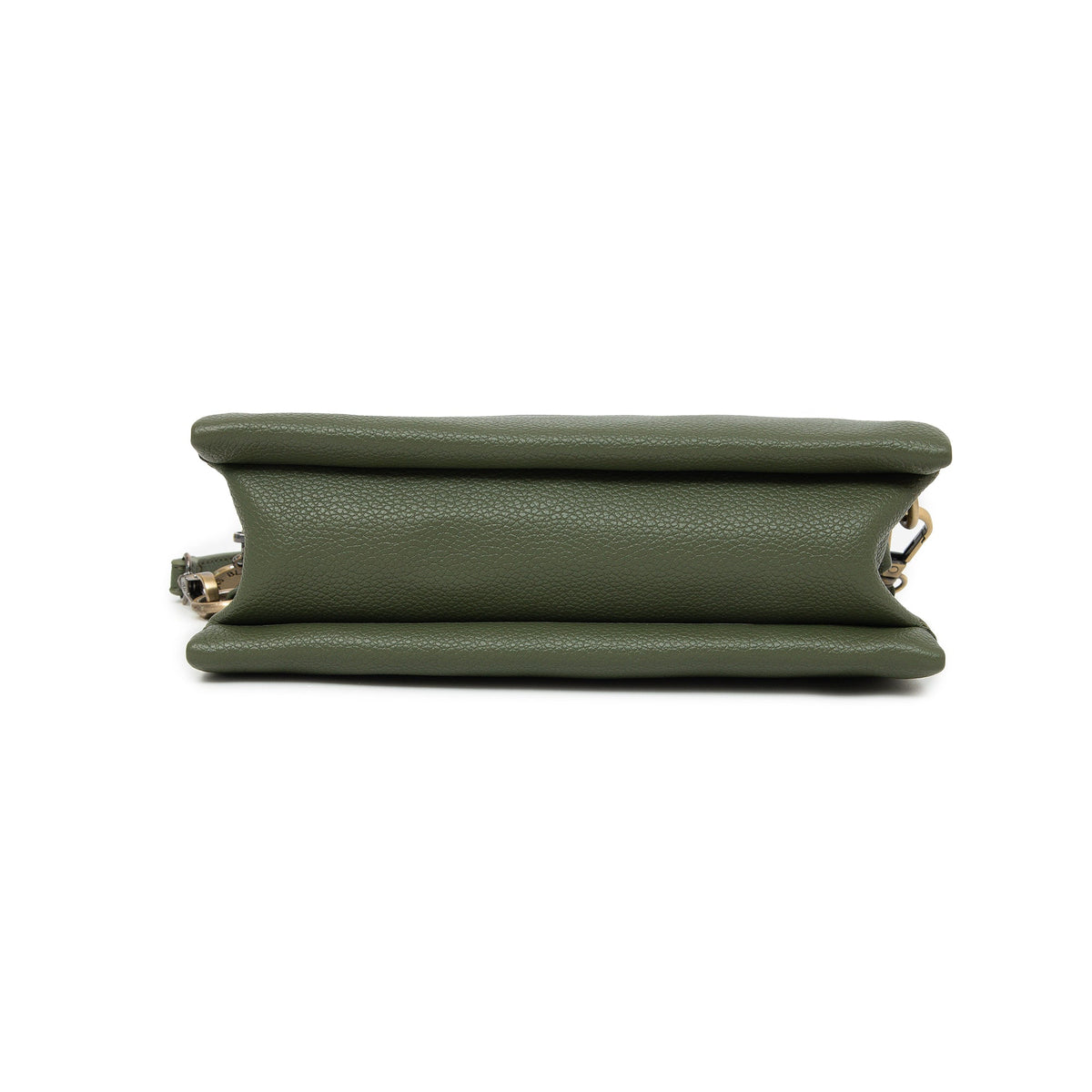The olive bag from below, showing its flat base.