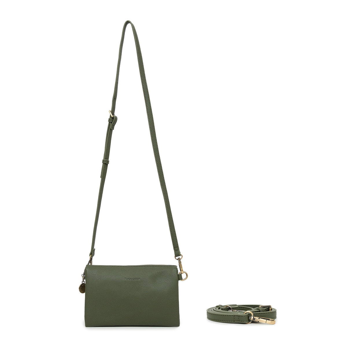 The olive bag on its slim adjustable strap.