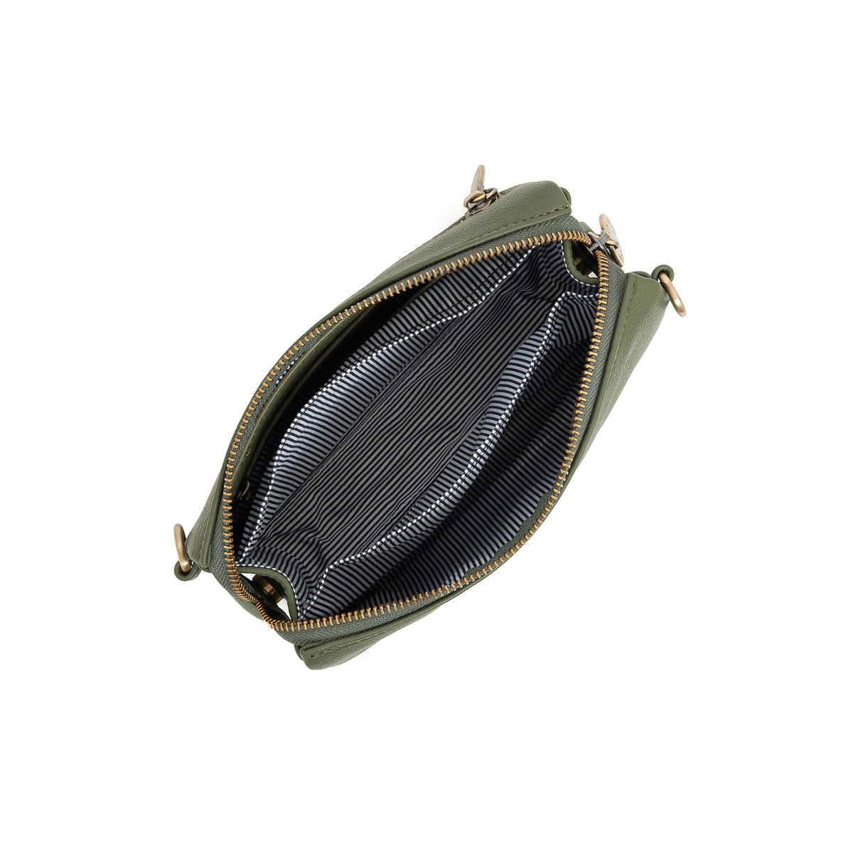 The olive bag unzipped, showing a striped lining and inside compartments.