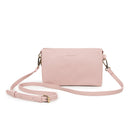 Pale pink cross body bag with gold-tone clips and a slim strap laid around it.