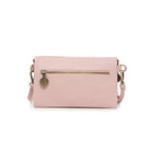 The other side of the pink bag, with a zipped pocket and a round logo charm on its pull.