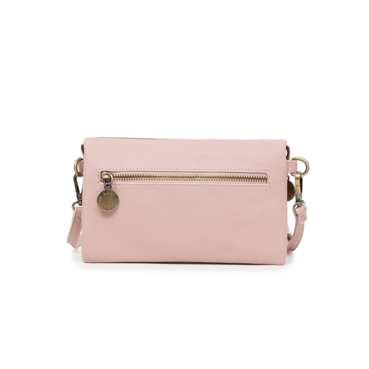 The other side of the pink bag, with a zipped pocket and a round logo charm on its pull.