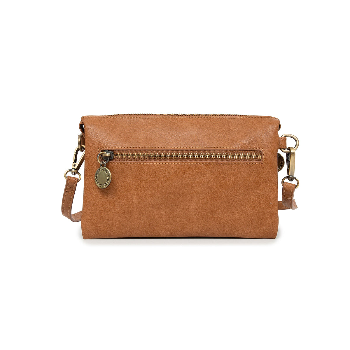 The other side of the tan bag, with a zipped pocket and a round logo charm on its pull.