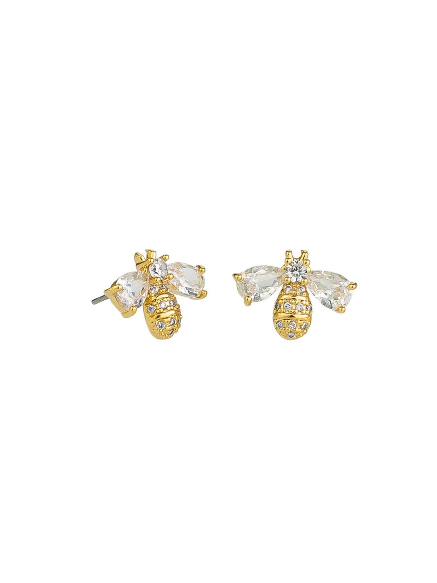 Gold bee stud earrings with crystal-pave bodies and clear crystal wings