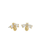 Gold bee stud earrings with crystal-pave bodies and clear crystal wings