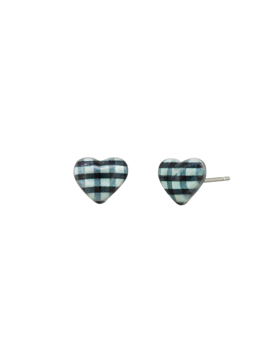 Black and white gingham heart stud earrings