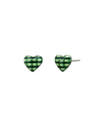 Green gingham heart stud earrings