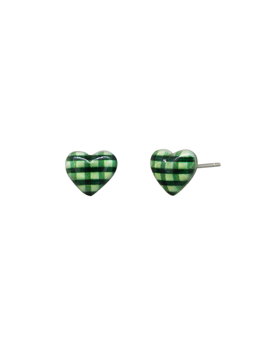 Green gingham heart stud earrings
