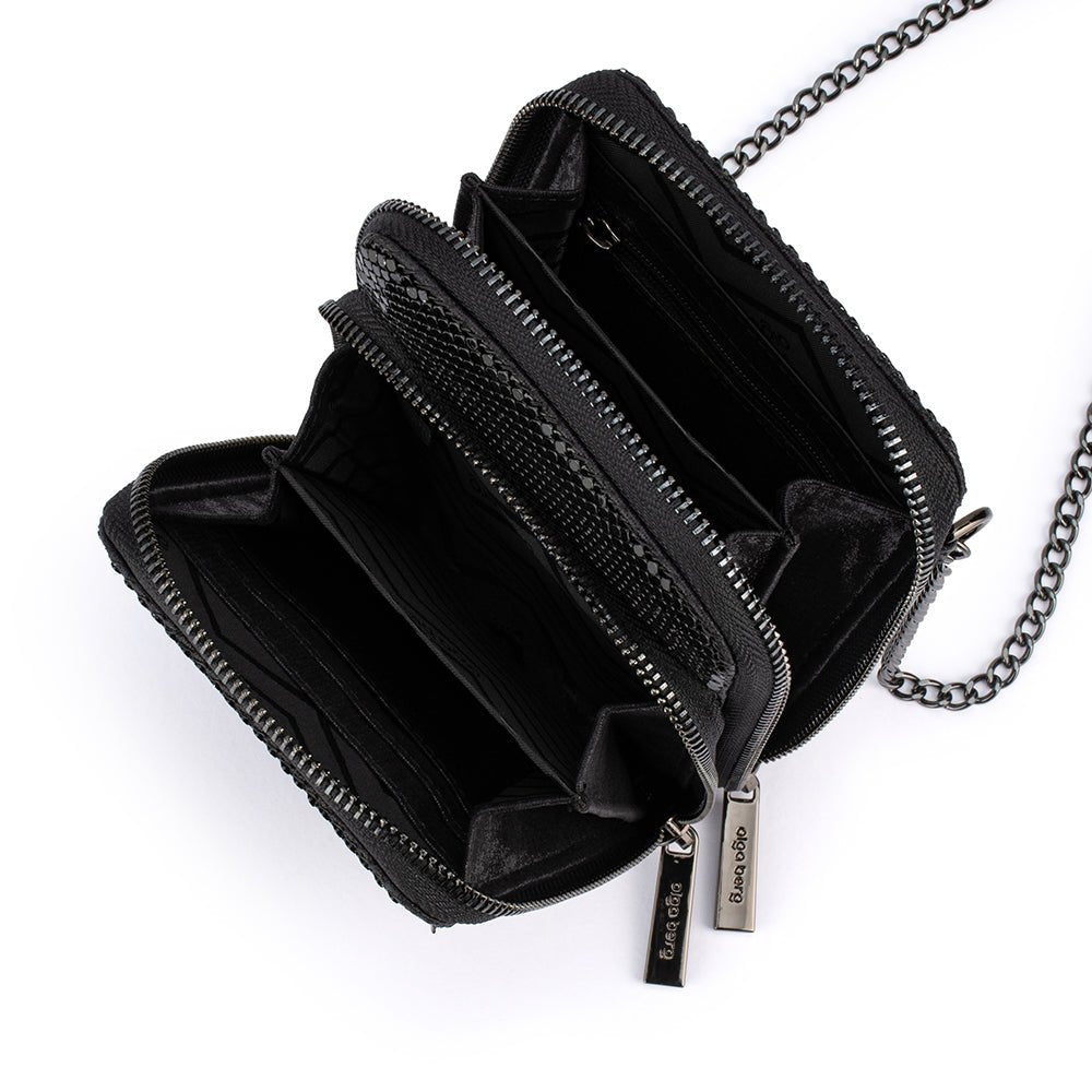 Both zip compartments open, card slots in the front one and a roomy rear pocket behind