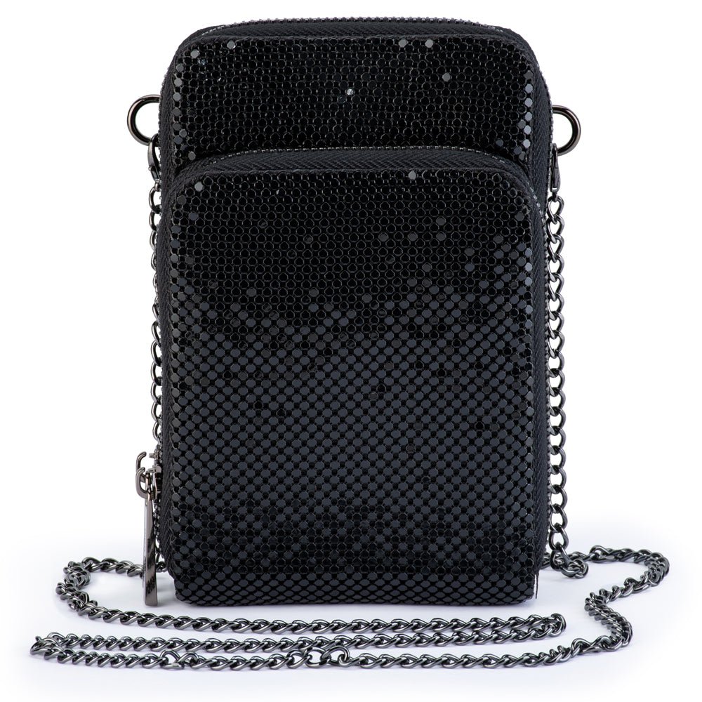 Black metal mesh cross body bag from the front, a smaller zip compartment over a taller one, gunmetal chain pooled below