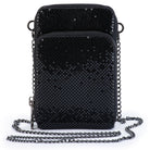 Black metal mesh cross body bag from the front, a smaller zip compartment over a taller one, gunmetal chain pooled below
