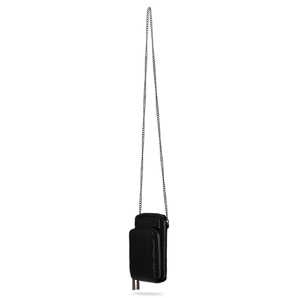The mesh bag hanging from its long gunmetal chain