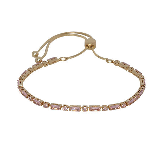 Fabienne Rectangle & Round Crystal slider bracelet in gold with pink crystal