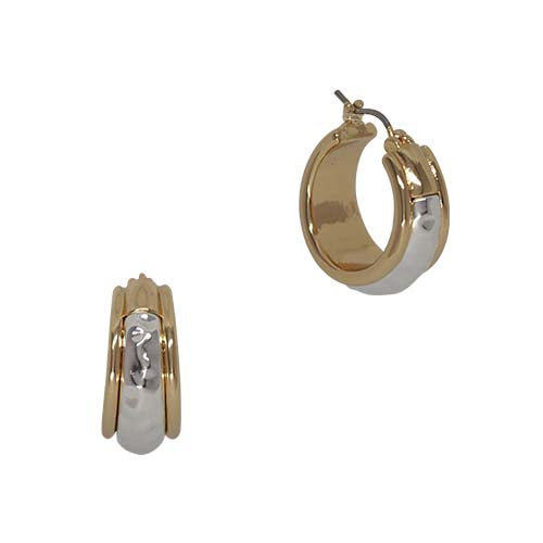 Fabienne Two Tone Border Hammer hoop earrings in gold and silver