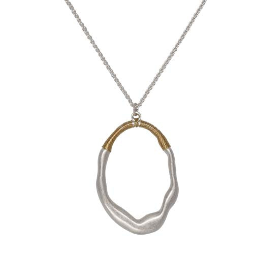 Fabienne Irregular Oval Wire Wrap pendant necklace in silver and gold