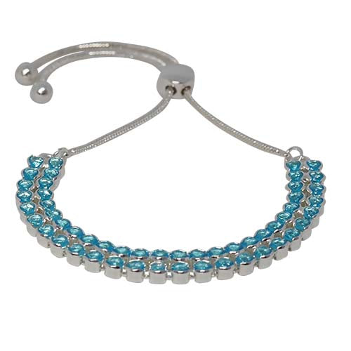 Fabienne Double Line Round CZ slider bracelet in silver with aquamarine