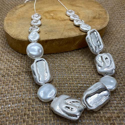 Fabienne Rustic Irregular Disc & Pearl necklace in silver and cream