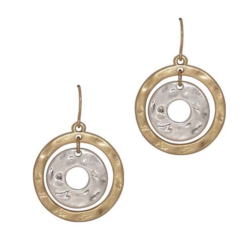 Pair of fish-hook earrings, each a hammered gold outer circle with a silver inner circle.